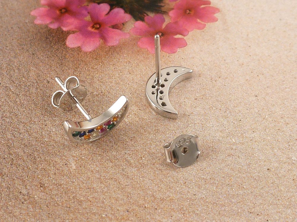 Ohrstecker 925 Silber Halbmond mit Zirkonia bunt – Bild 3