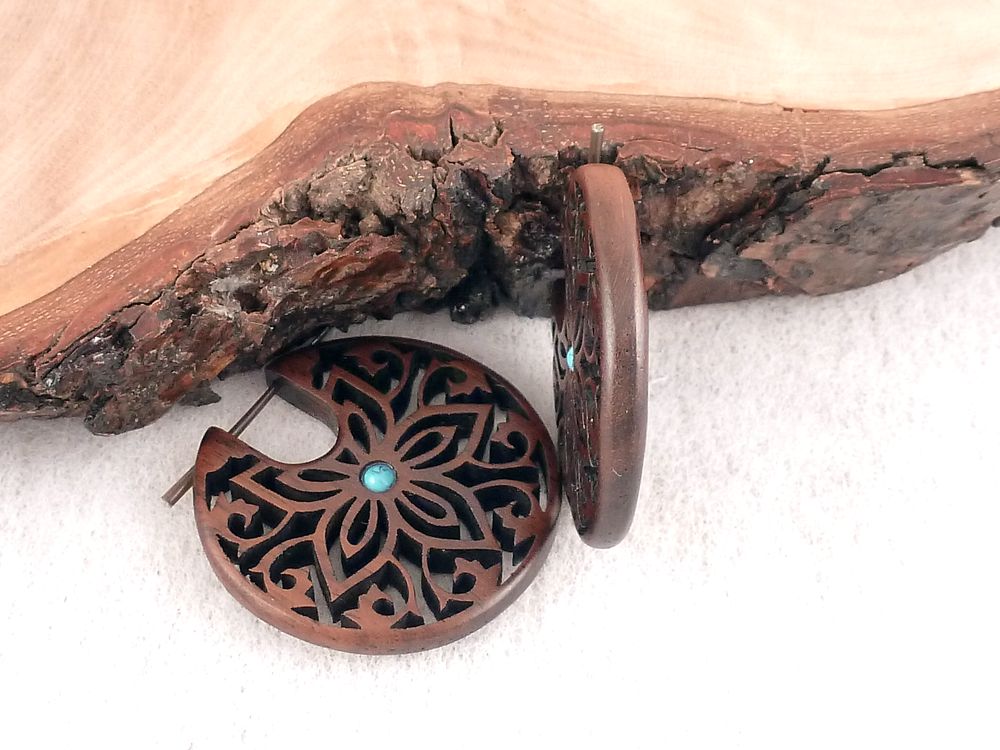 Creolen Holz Blumen Mandala – Bild 2