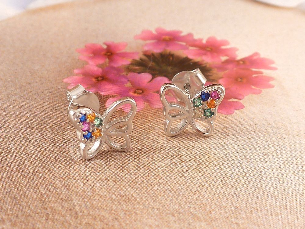 Ohrstecker 925 Silber Schmetterling mit Zirkonia bunt – Bild 2